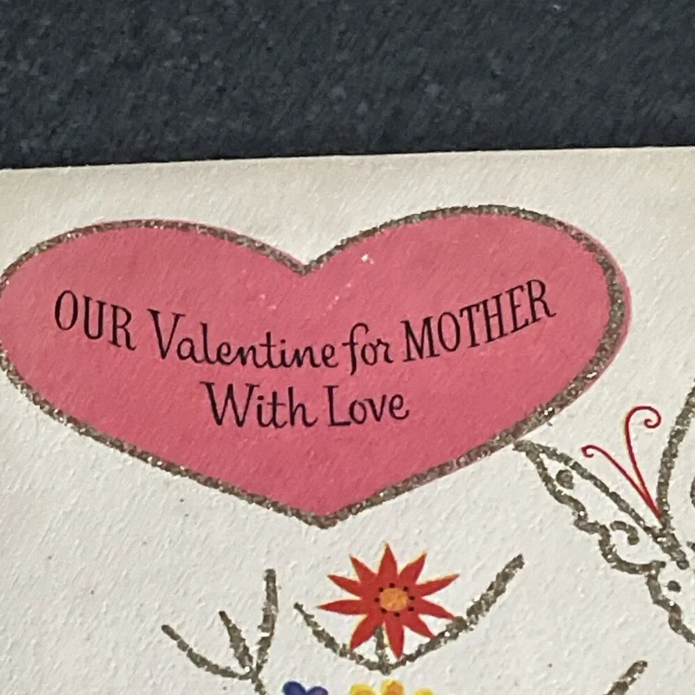 VTG Valentine Mom Butterfly Flowers Heart Card Gold Glitter Rust Craft